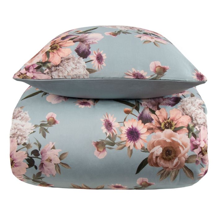 Blomstret sengetøj - 150x210 cm - Blue flower - 2 i 1 design - Sengesæt i 100% Bomuldssatin - Excellent By Borg