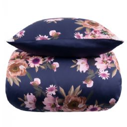 Blomstret sengetøj - Dark blue flower - 2 i 1 design - Sengesæt i 100% Bomuldssatin - Excellent By Borg